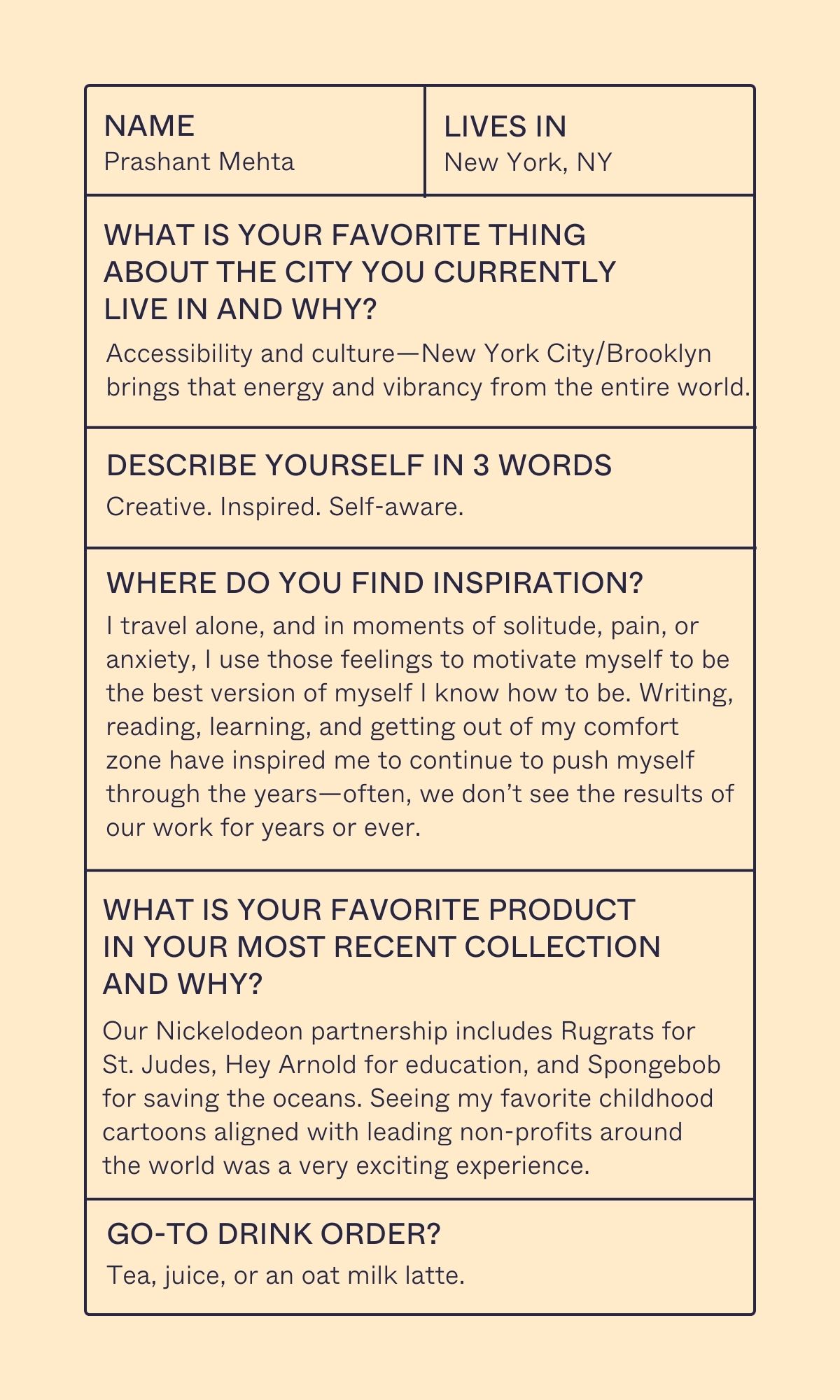 NamE Lives in What is your favorite thing about the city you currently live in and why? Describe yourself in 3 words Prashant Mehta Accessibility and culture—New York City/Brooklyn brings that energy and vibrancy from the entire world. Creative. Inspired. Self-aware. New York, NY where do you find inspiration? I travel alone, and in moments of solitude, pain, or anxiety, I use those feelings to motivate myself to be the best version of myself I know how to be. Writing, reading, learning, and getting out of my comfort zone have inspired me to continue to push myself through the years—often, we don’t see the results of our work for years or ever. What is your favorite product in your most recent collection and why? Our Nickelodeon partnership includes Rugrats for St. Judes, Hey Arnold for education, and Spongebob for saving the oceans. Seeing my favorite childhood cartoons aligned with leading non-profits around the world was a very exciting experience. go-to drink order? Tea, juice, or an oat milk latte.