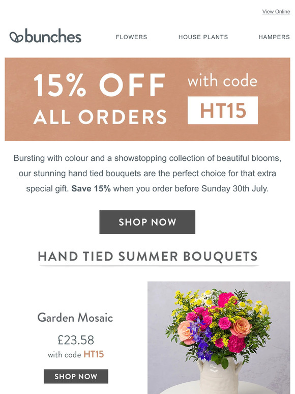 Save 15% on colourful summer blooms with code HT15