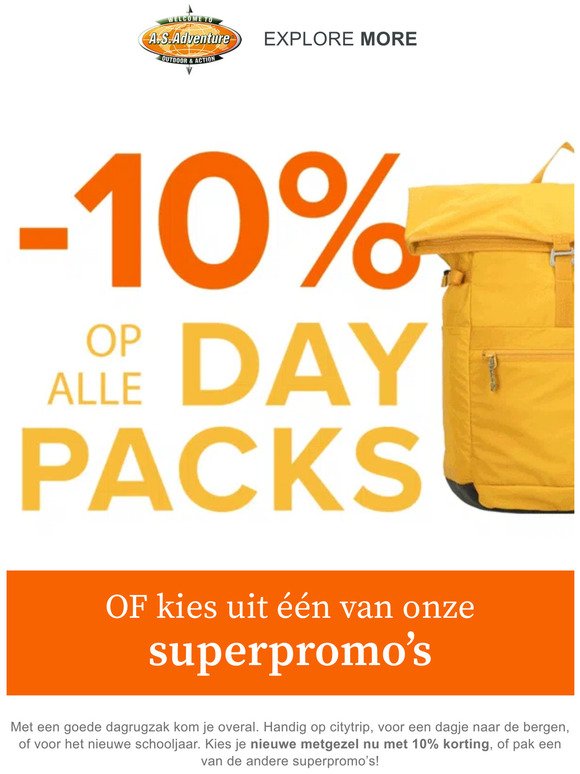 -10% op alle daypacks + extra korting op een selectie