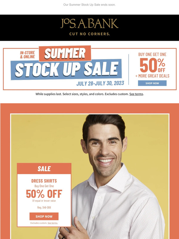 Jos. A. Bank Dress shirts and polos, now buy one get one 50 off. Milled