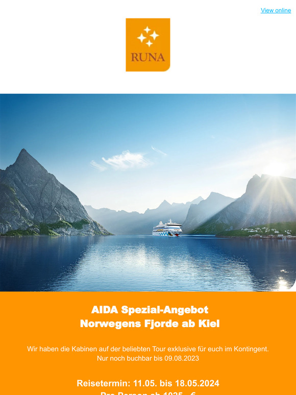 Sondernewsletter - AIDA Spezial Norwegens Fjorde im Mai 2024 // Nordsee Dangast im September wieder frei