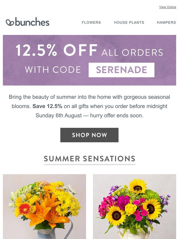 12.5% off seasonal blooms with code SERENADE