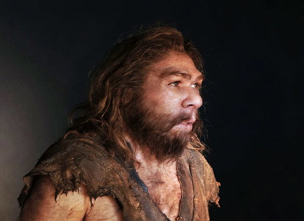 A reconstruction of what a Neanderthal man might have looked like. He has dark hair, bushy eyebrows and a short beard and wears a vest that seems to be made out of animal hide.