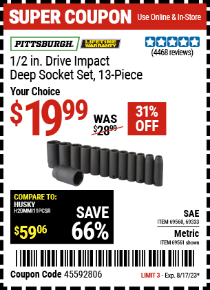 PITTSBURGH: 1/2 in. Drive Metric Impact Deep Socket Set, 13 Piece