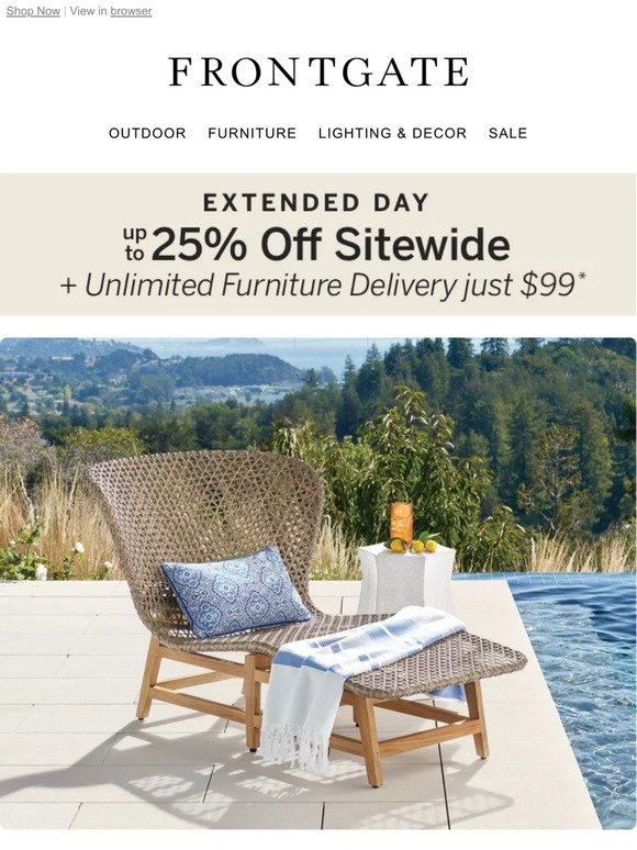 Extended 1 Day: Up to 25% off sitewide + $99 unlimited furniture delivery.