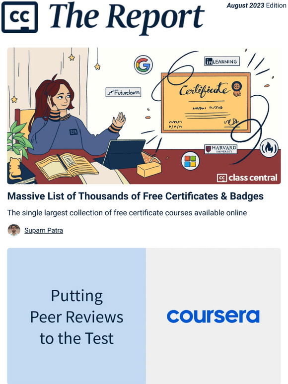 Class Central: Massive List of Free Certificates, Peer Reviews Experiment,  and a Question about Generative AI