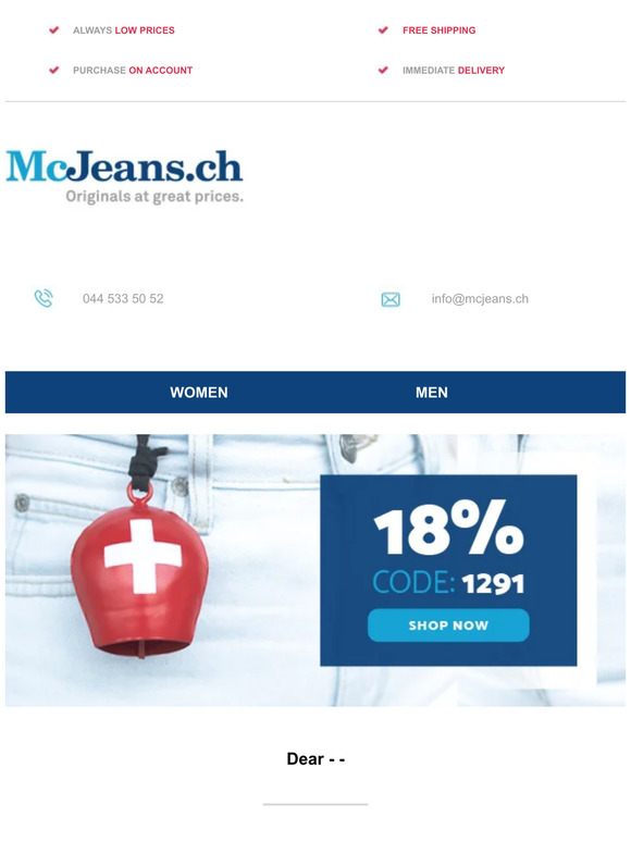 Only today! 🇨🇭 18% discount on everything, — — – McJeans.ch – free shipping