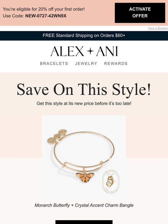 Monarch Butterfly + Crystal Accent Charm Bangle | Alex and Ani