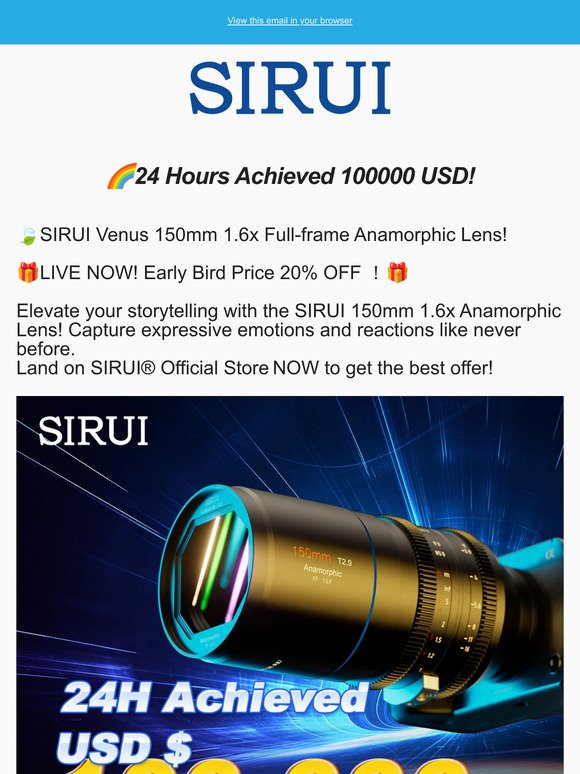 24H Achieved $100000！😎Venus 150mm 1.6x Anamorphic Lens