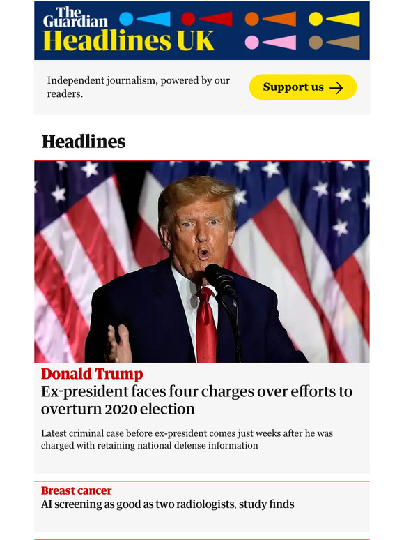 The Guardian: The Guardian Headlines: Donald Trump Faces Four Charges ...