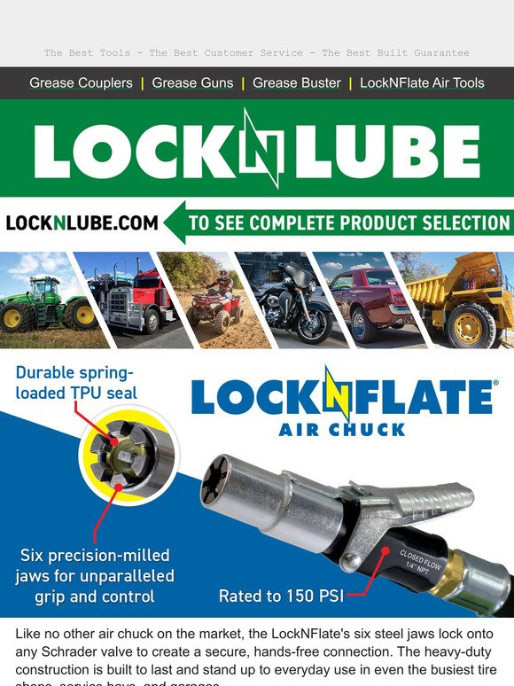 Tire Inflator Kits from LockNLube include the LockNFlate® Air Chuck!