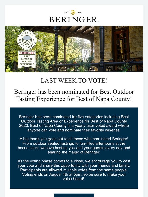 Last week to vote for Beringer – Best of Napa County
