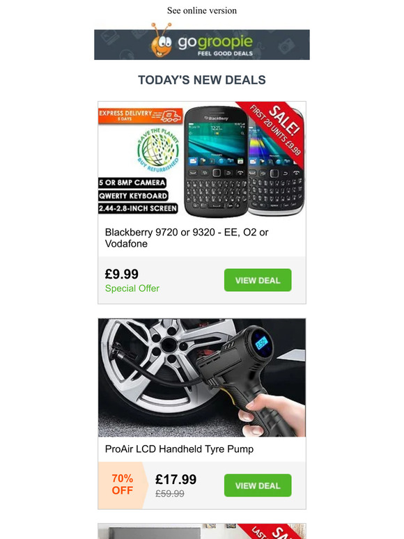 💥 FLASH SALE! Blackberry Phones NOW £9.99! LCD Tyre Pump, Divan Bed & Mattress, iPad 4, Speed Camera Detector, Zippered Polo Shirts, Triple Vision Dash Cam, Apple Watch