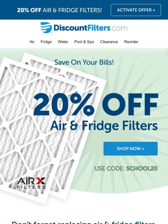 Save On Your Bills with 20% Off Air & Fridge Filters! 💵