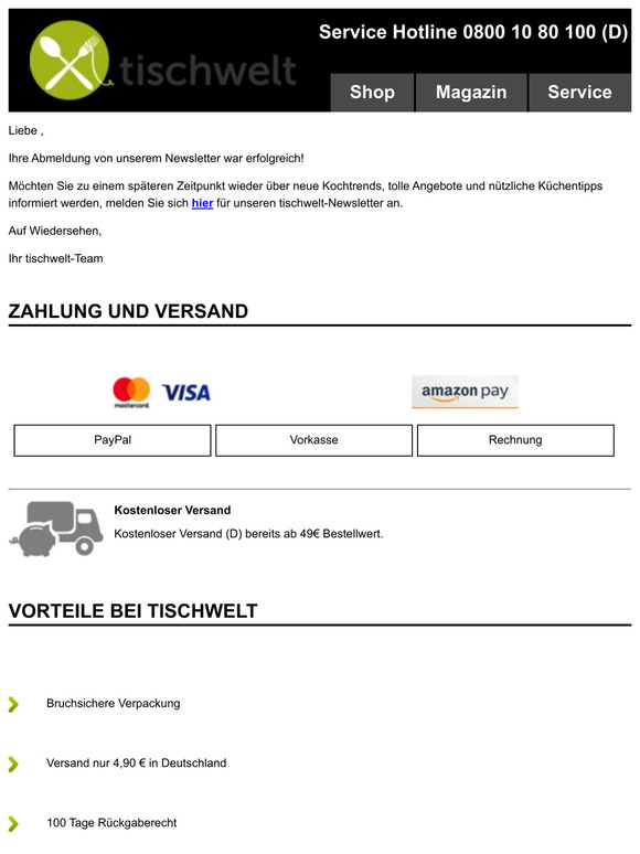 tischwelt-Newsletter Abmeldebestätigung