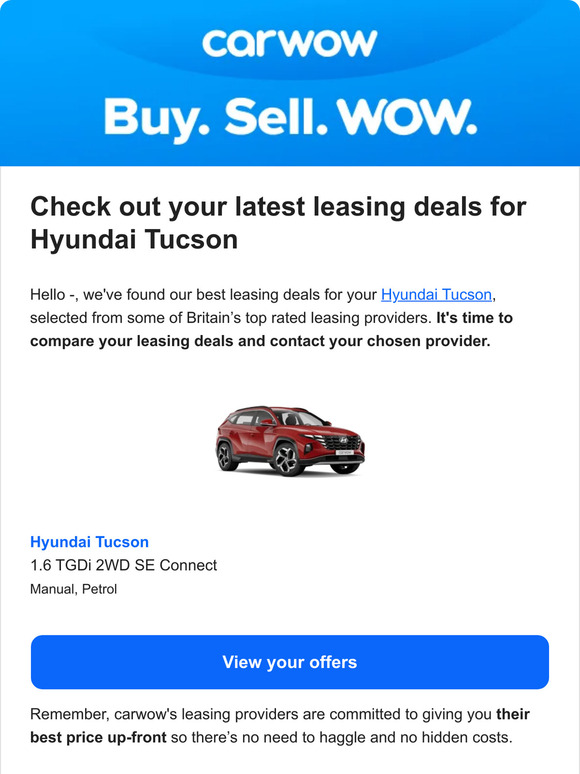 carwow It's time to compare all your leasing deals for Hyundai Tucson