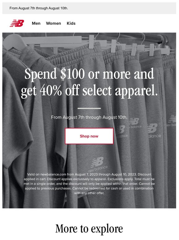 Spend $100 or more and get 40% off select apparel.