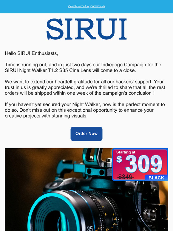 📣 SIRUI Night Walker T1.2 S35 Cine Lens Indiegogo Campaign Ending Soon!