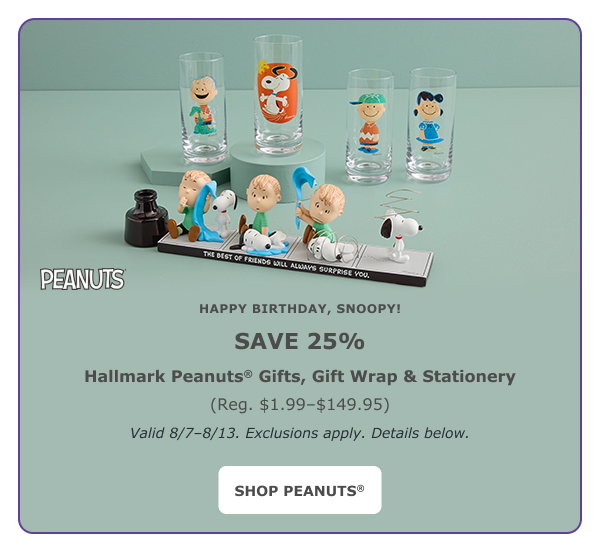 Save 25% on Hallmark Peanuts Gifts, Gift Wrap and Stationery (details below).