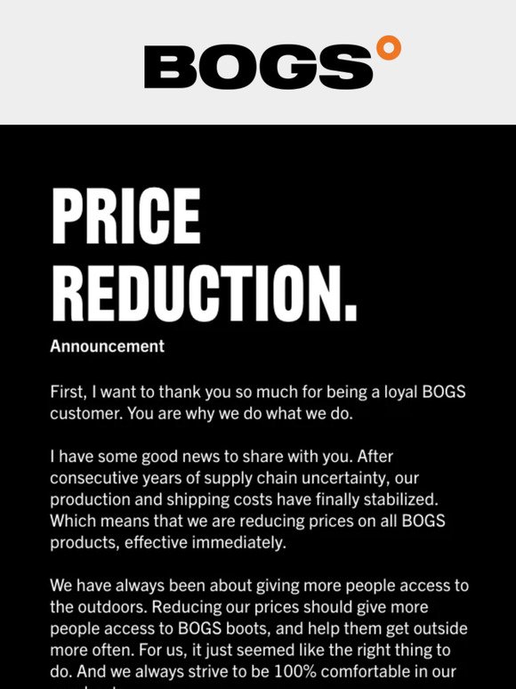 BOGS Price Reduction Announcement
