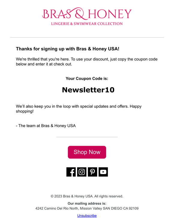 Thanks for signing up with Bras & Honey USA!