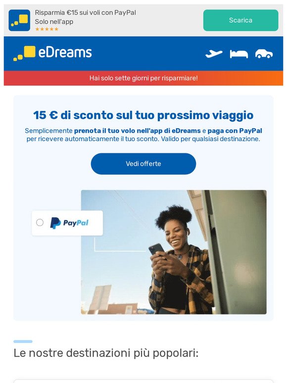Risparmia €15 sui voli con PayPal