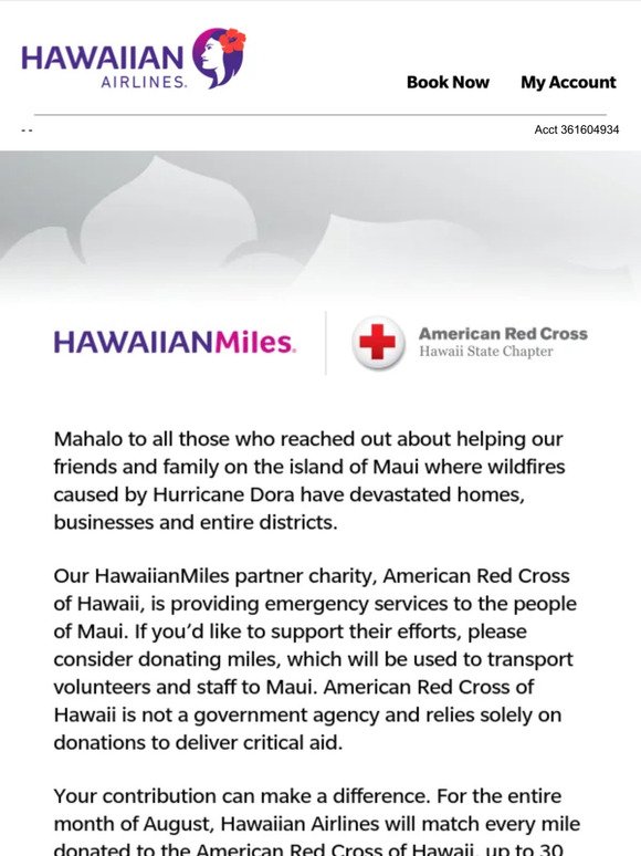 Support Maui's recovery by donating miles to the American Red Cross of Hawaii