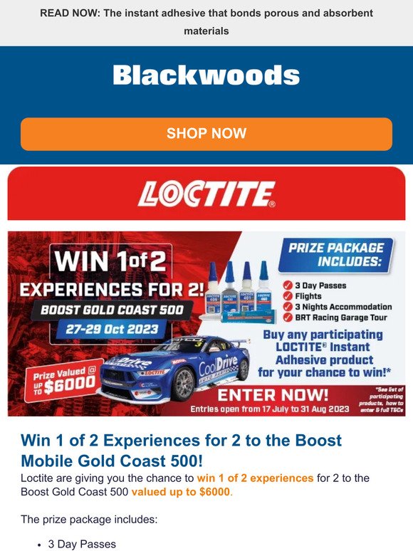 Win 1 of 2 Experiences for 2 to the Boost Gold Coast 500 with Loctite!