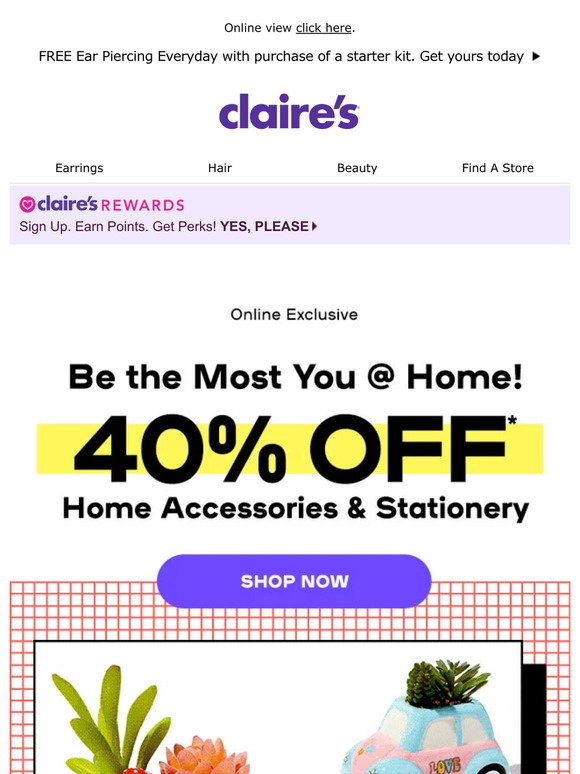 Claire's: 40% off NEW home &amp; stationery styles 😎 | Milled