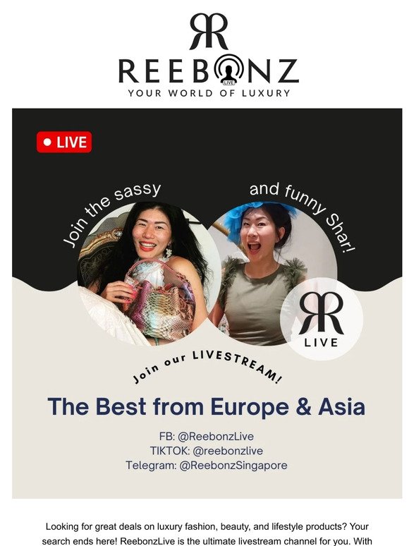 ReebonzLIVE - where deals & thrills collide in an epic fashion fiesta! Don't be fashionably late to the fun - hop on board! 🛍️🎉