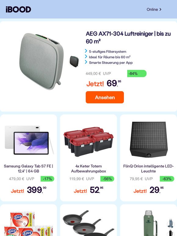 iBOOD AT: AEG AX71-304 Luftreiniger | bis zu 60 m² -84% | Samsung Galaxy  Tab S7 FE | 12,4\