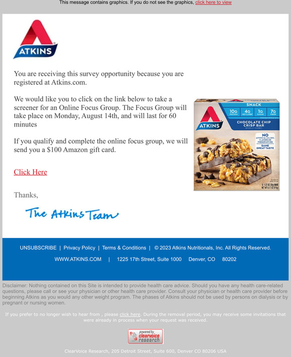 Atkins Online Focus Group - $100 Reward