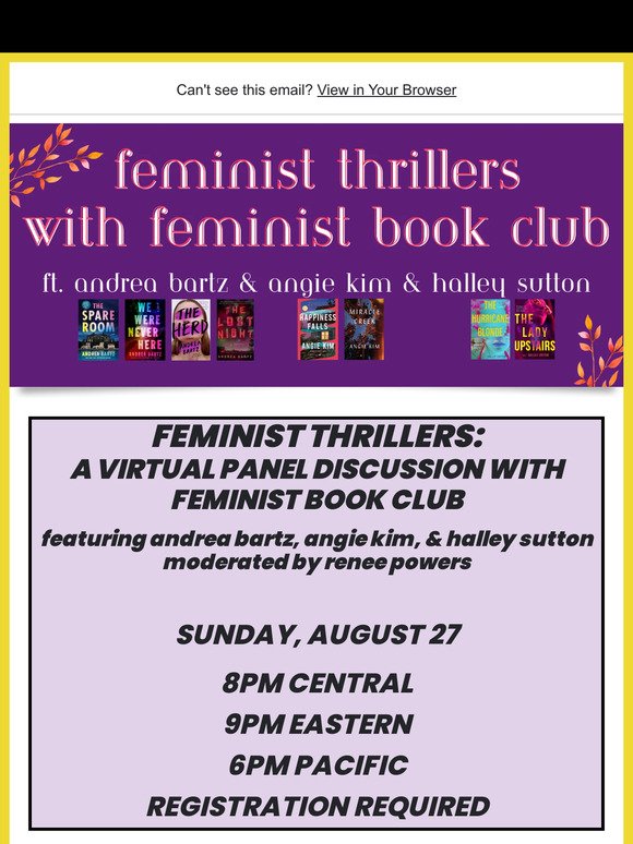 Feminist Thrillers: A Panel Discussion with Andrea Bartz, Angie Kim, and Halley Sutton