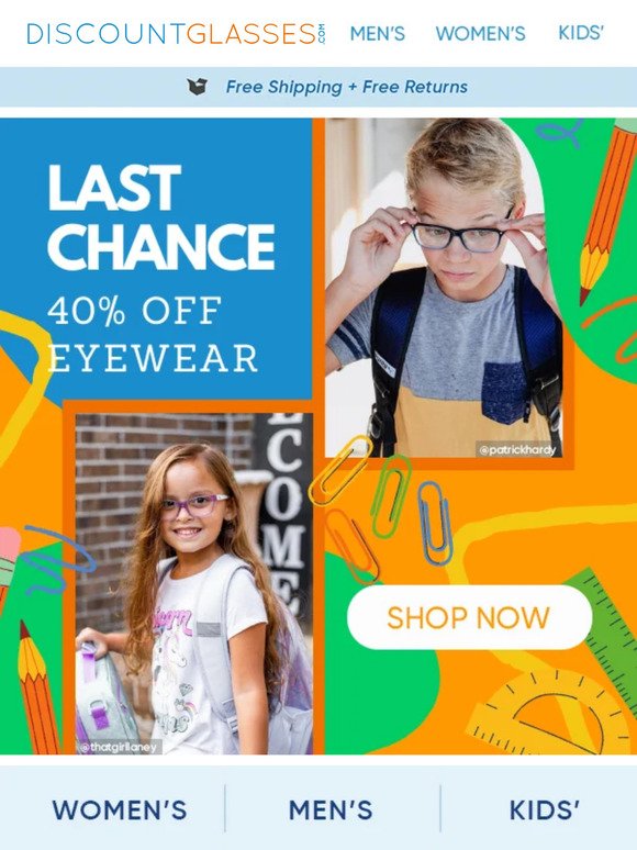 Last Call For Back-To-School Savings—40% Off Eyewear!