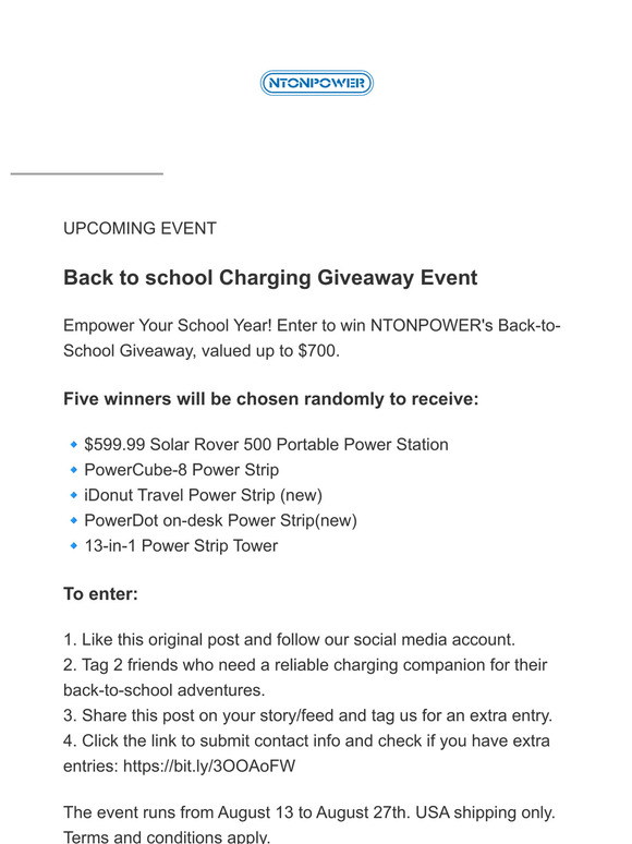 NTONPOWER Back to school Charging Giveaway Event