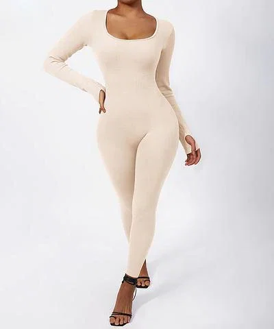 Solid Color Ribbed Long Sleeve Seamless Jumpsuit