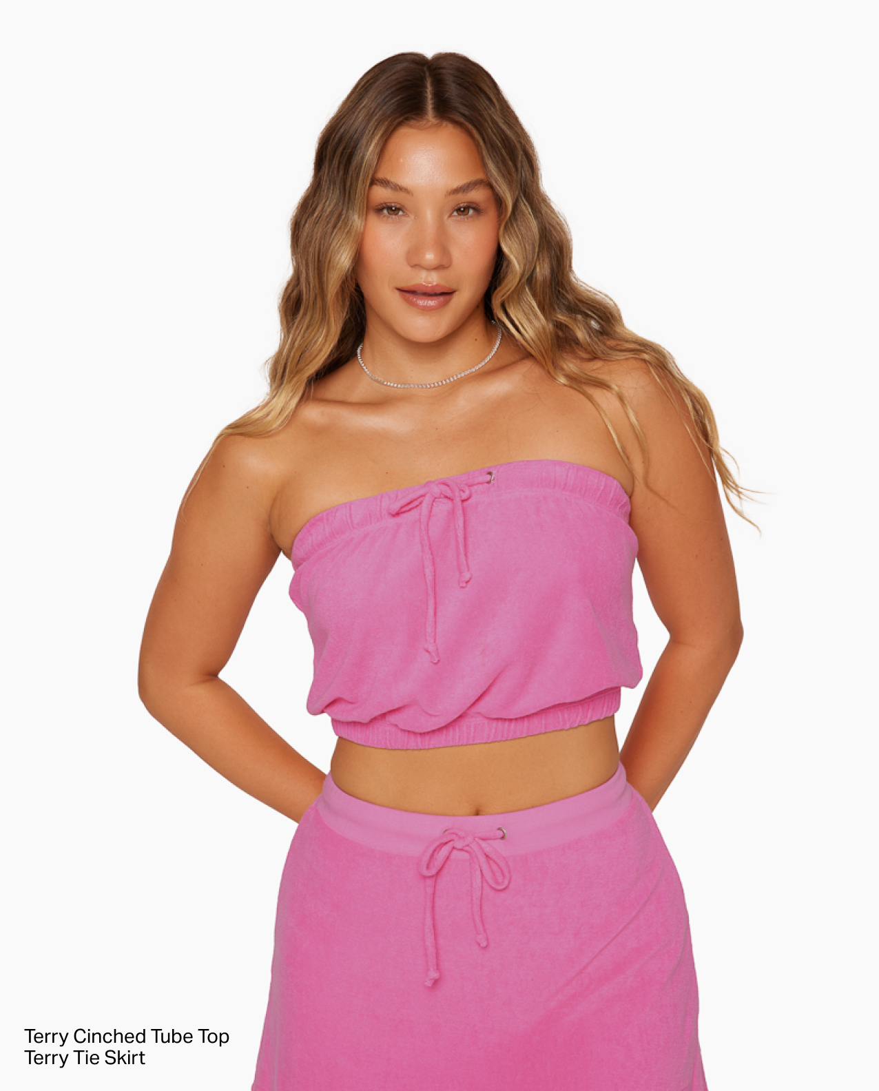 TERRY CINCHED TUBE TOP AND TERRY TIE SKIRT