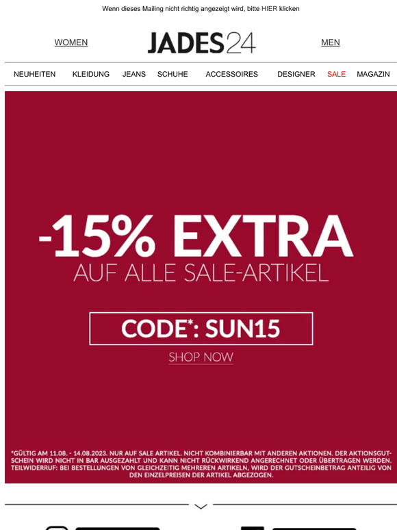 Hi Kunde,  -15% EXTRA AUF ALLE SALE ARTIKEL // SHOP NOW