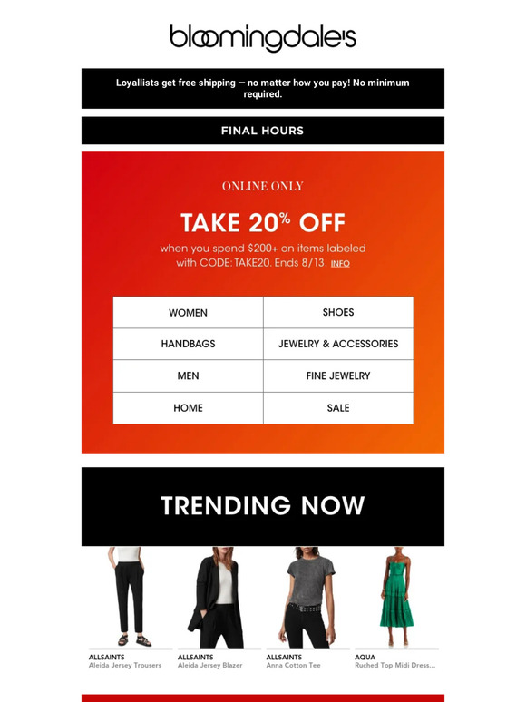 Final hours! Take 20% off when you spend $200+ online