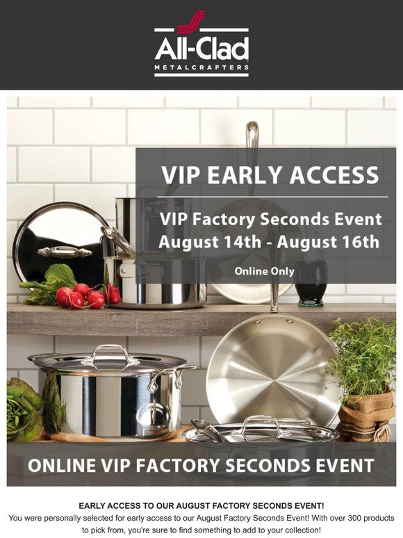 All Clad: Early Access to June VIP Factory Seconds Event of 2022
