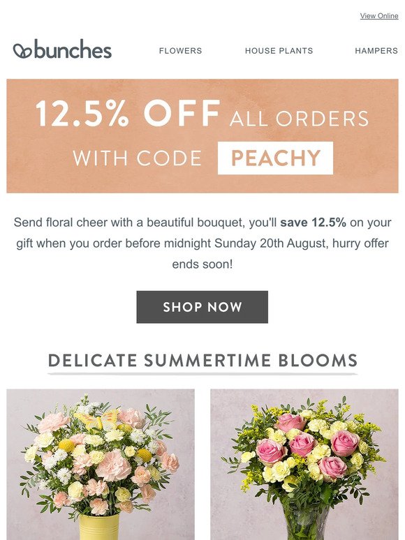 Shop summertime blooms and save 12.5% with code PEACHY
