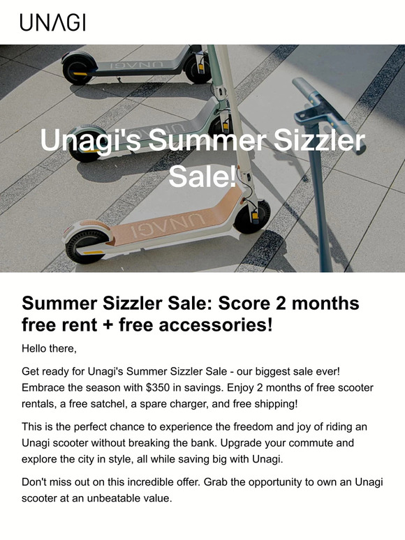 Unagi Scooters ☀️ Summer Sizzler Sale Save 350 with 2 free months + free accessories + free