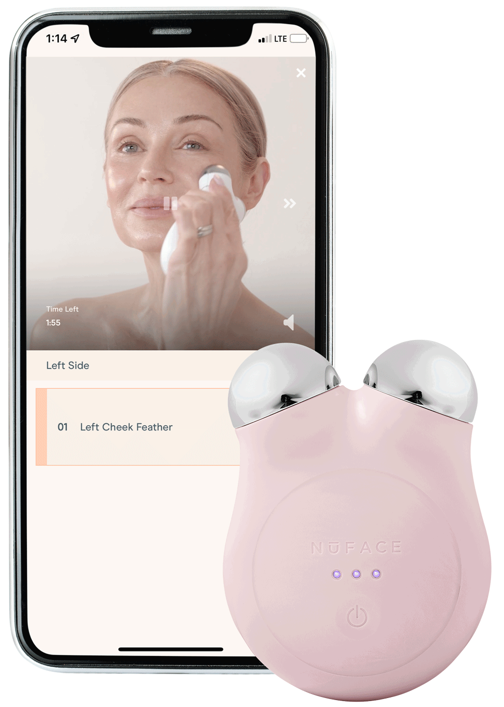 iPhone showcasing the NuFACE Smart App paired with the MINI+ Device in Sandy Rose.