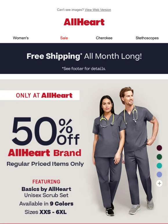 50% off AllHeart scrubs + free shipping!