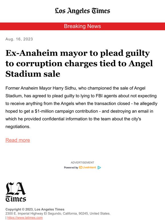 Breaking News: Ex-Anaheim mayor to plead guilty to corruption charges tied to Angel Stadium sale