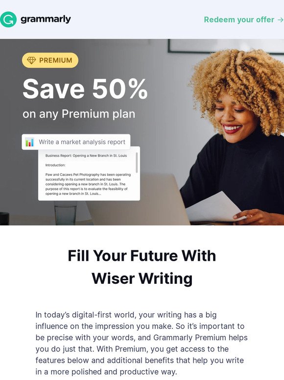 50% off Grammarly Premium, your writing sidekick