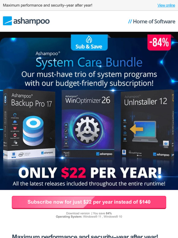 84% discount - Get a bundle of three Ashampoo® top sellers at a subscribe price!