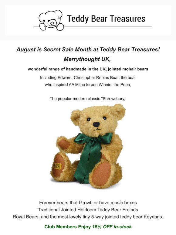 August is Merrythought Bears UK Secret Sale Month at Teddy Bear Treasures!