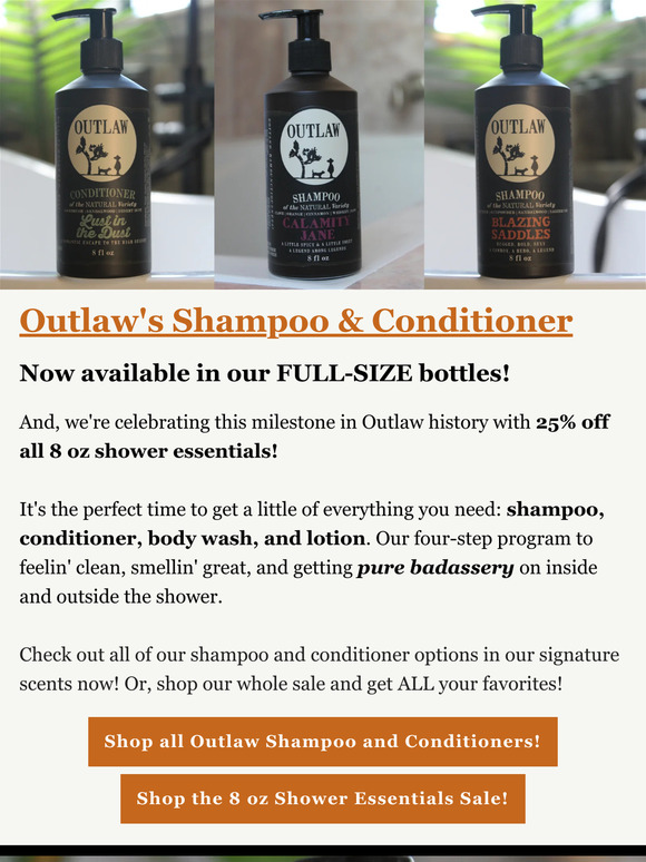 Outlaw Shampoo and Conditioner: FULL-SIZE now available!