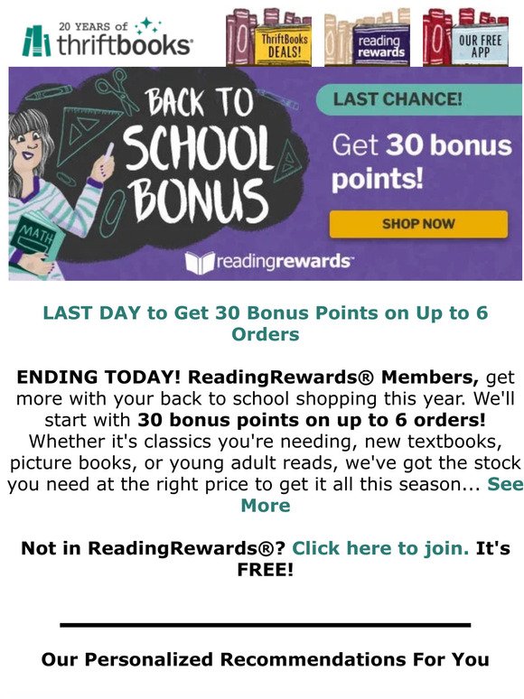 Last Day to Get 30 Bonus Points on Up to 6 Orders